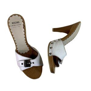 Moschino Wood Clog White Leather Studded Buckle 36 / 6